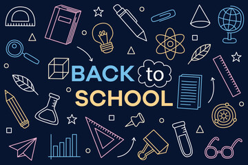 Vector pattern from school supplies in hand drawn style. Back to school. Backpack, globe, pencil, notebook, stationery and books.