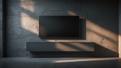 Interior wall design for a living room featuring a cabinet for an LED TV on a dark textured wall.