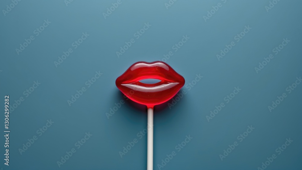 Poster lollipop in the form of red lips. candy designed as red lips, minimalistic arrangement against a blu