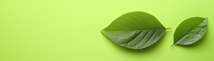 Obraz premium Two green leaves on lime background, nature concept