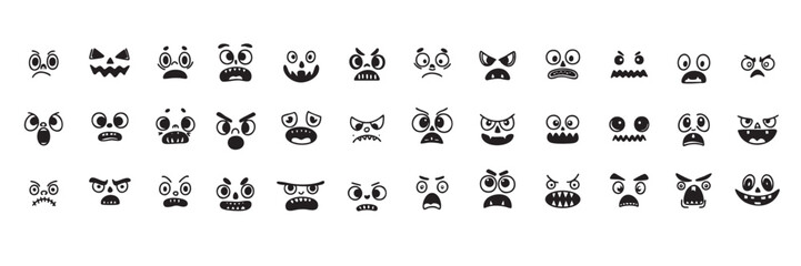 Big collection of scary and funny faces in doodle style. Hand drawn vector art