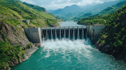 A vast dam in a rugged landscape, water flowing through its spillways, with a backdrop of lush greenery and jagged mountains