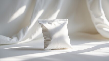 Design of a clean white pouch set against a light-colored background