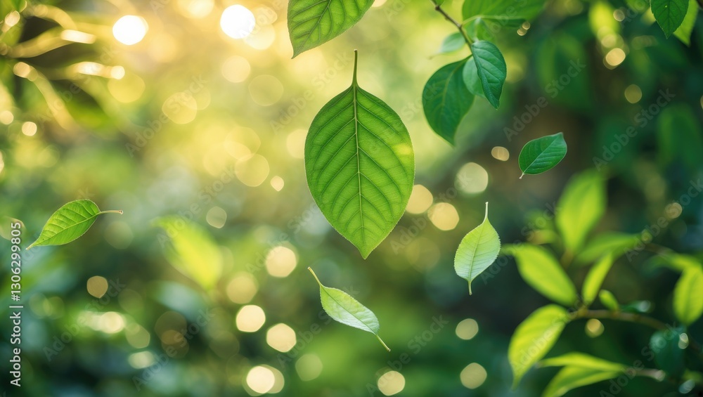 Poster lush green foliage in bokeh within a garden environment featuring sunlight and a backdrop of soft-fo