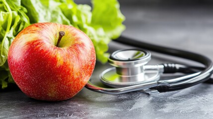 Healthy eating, apple, lettuce, stethoscope, wellness, dark background, doctor, medical, healthcare, food