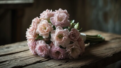 Bouquet of Lisianthus flowers resting on a rustic wooden surface