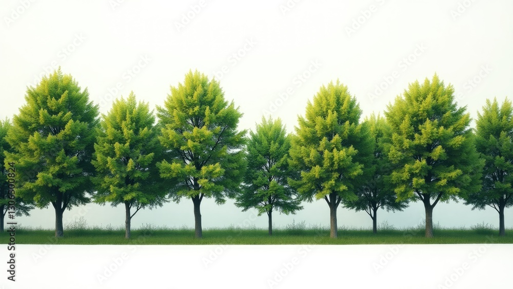 Poster Eliminate the tree line. Vibrant summer forest with lush greenery. A distinct row of trees and shrubs set against a blank background. The forest landscape features a premium clipping mask.