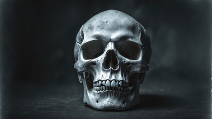 Human skull depicted in a monochrome image.