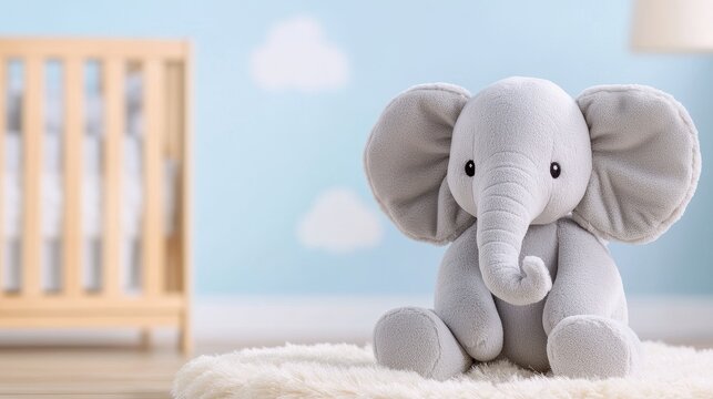 Adorable plush elephant toy sitting on a soft rug in a nursery with a wooden crib and cloud wallpaper