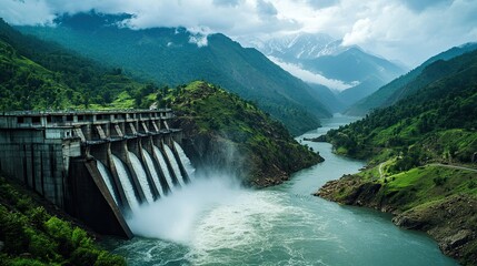 Fototapeta premium A vast dam in a rugged landscape, water flowing through its spillways, with a backdrop of lush greenery and jagged mountains