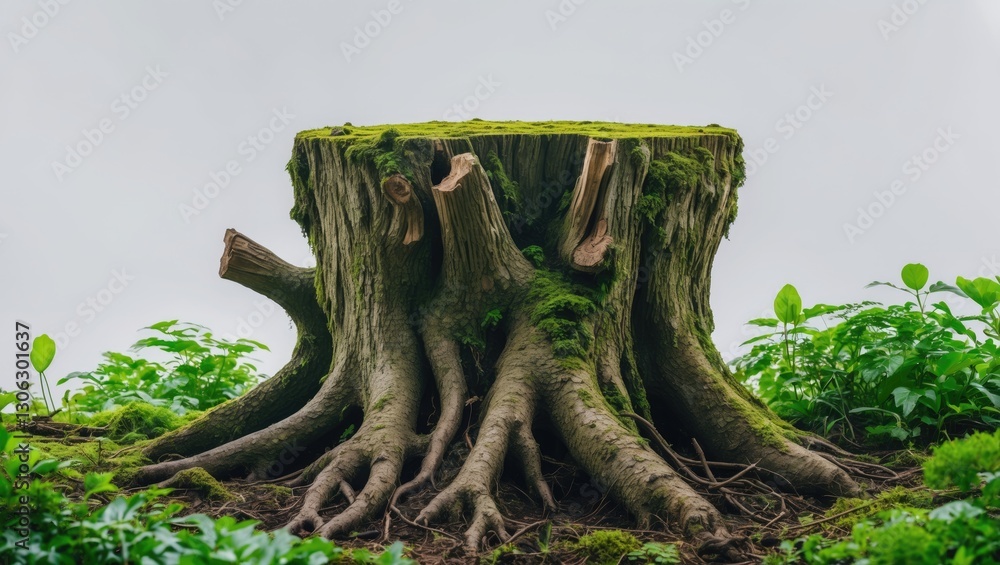 Poster eliminate the tree stump. moss-covered roots. an ancient stump surrounded by vibrant greenery. isola