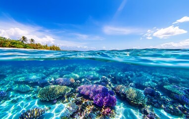 Vibrant underwater coral reef teeming with life, clear blue water, and sunny tropical backdrop