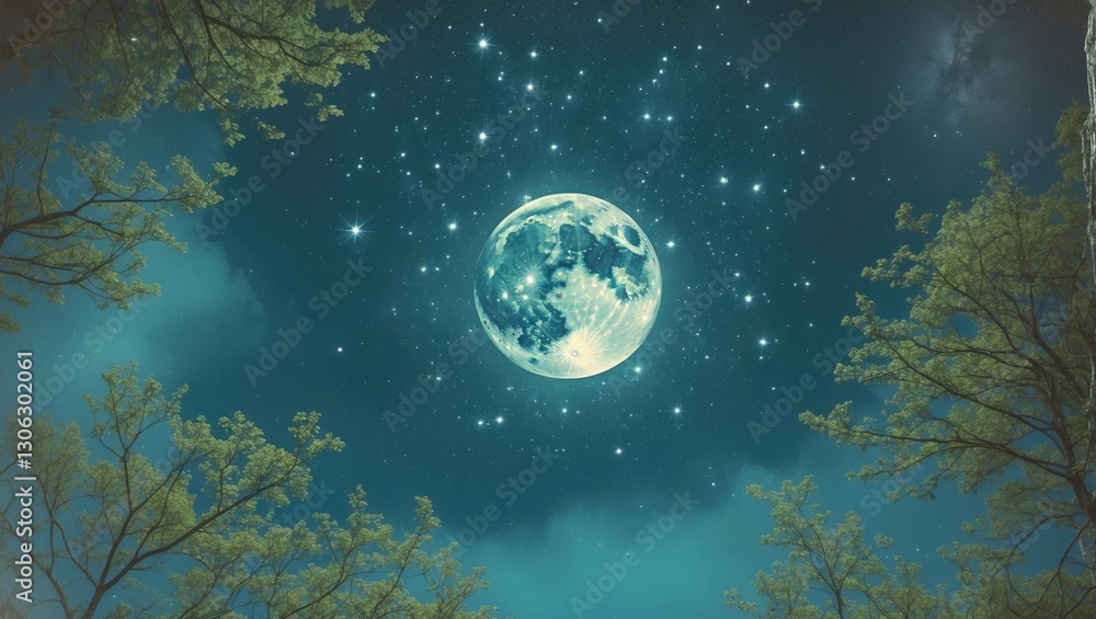 Poster radiant full moon and twinkling stars in the nighttime sky. lush green tree branches. evening image 