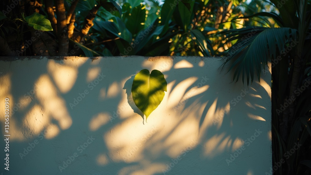 Poster outline of a leaf cast on a wall â€“ lush tropical foliage and sunlit patterns on white walls create
