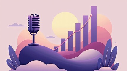 A stock illustration representing Economic growth in purple and soft beige colors, with layered imagery and metaphors of microphones and sound waves for intuitive understanding.