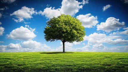 Solitary Tree in a Verdant Meadow under a Vivid Blue Sky