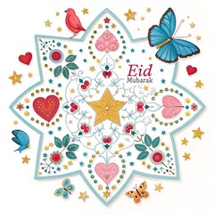 "Elegant Eid Mubarak Decoration Design with Sky Stars, Heart Shapes, Mixed Red, Pink, Golden Hues, Butterfly Motifs, and Colorful Birds on White Background eid mubarak  decoration design sky stars 