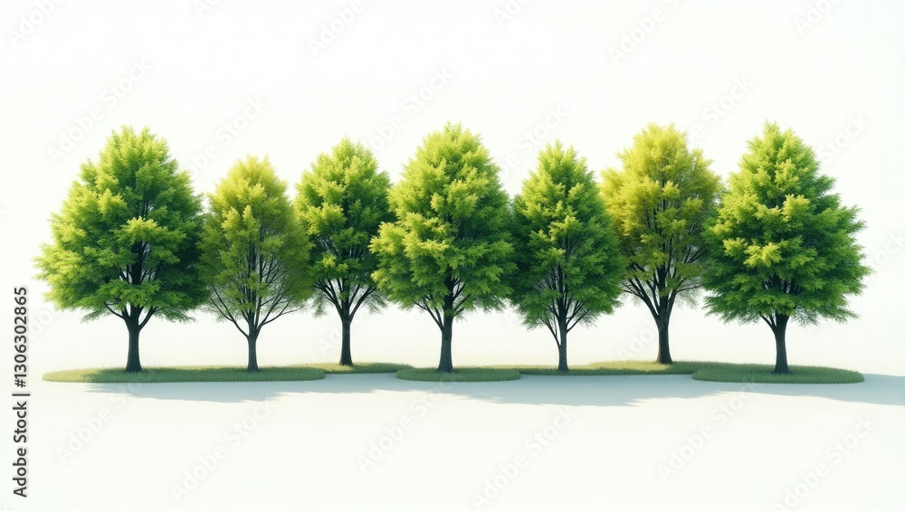Poster Eliminate the row of trees. Summer forest and vibrant greenery. Standalone line of trees and shrubs set against a bright background. The forest landscape's top clipping mask.