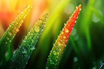 Beautiful, colorful grass with dew drops on it. Lovely background with bokeh and sunlight.