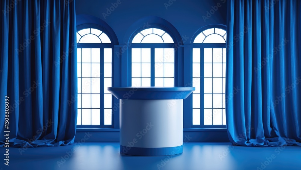 Poster stylized cylindrical podium in blue and white, set against a backdrop of blue curtains and arched wi
