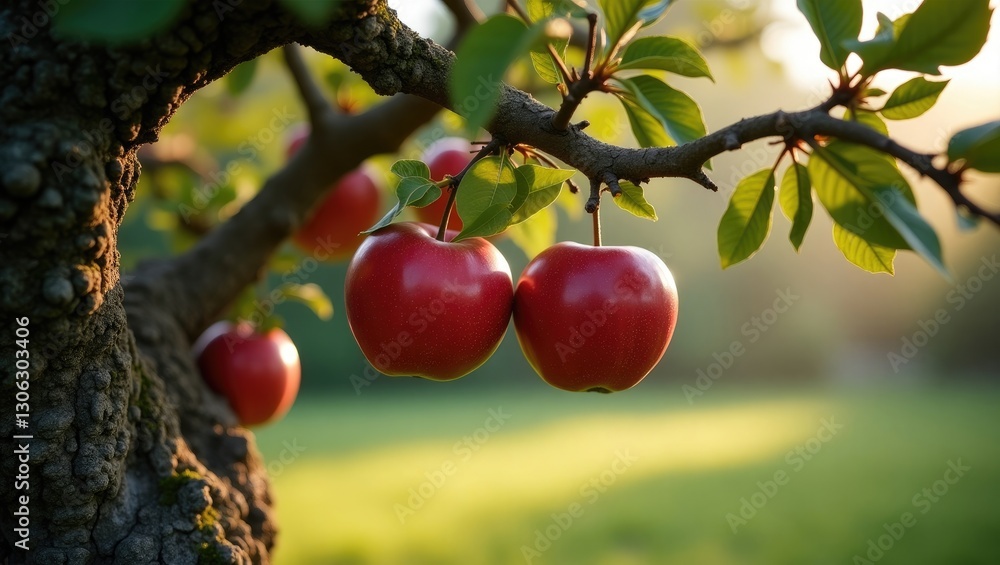 Poster juicy red apples hang from the branches of an apple tree in the garden, perfectly poised for picking