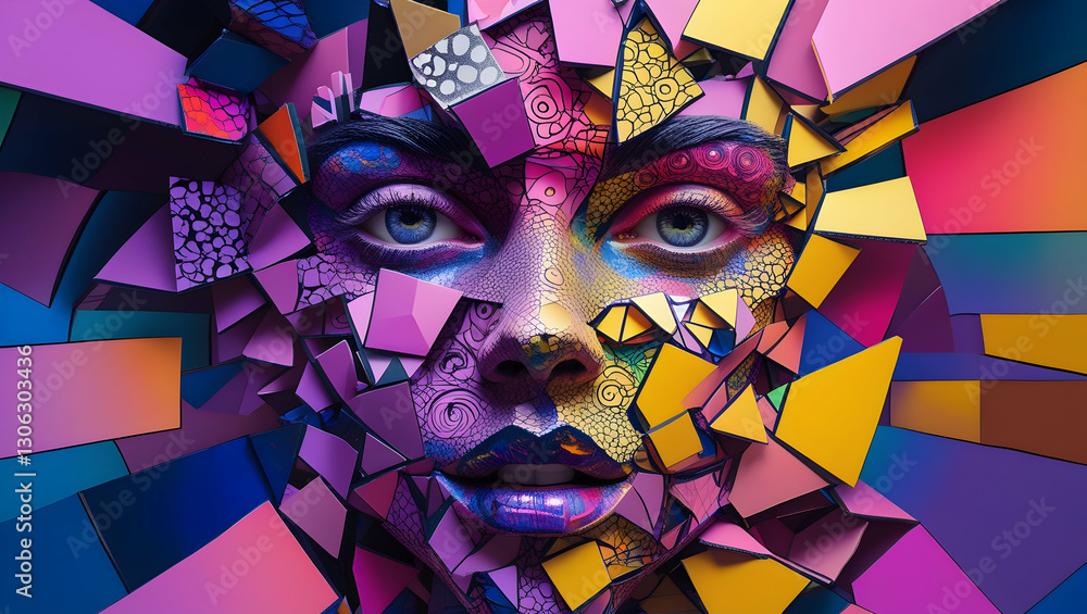 Poster fragmented face with vibrant geometric shapes, creating a surreal and abstract portrait with intense