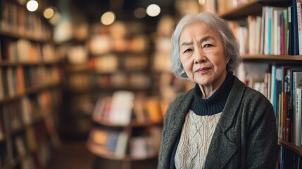 Obraz premium Portrait of an elderly Asian woman in her 60s standing in a cozy bookstore with bookshelves in the background, showcasing wisdom and elegance in her expression.