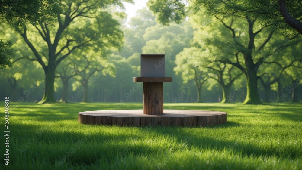 Poster Lifelike depiction of an unoccupied product display on a wooden circular base set on grassy terrain, framed by a forest backdrop with lush green trees and soft daylight.