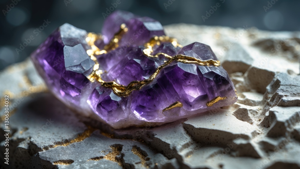 Poster natural amethyst quartz crystal featuring gold inclusions. detailed view of an unrefined amethyst qu