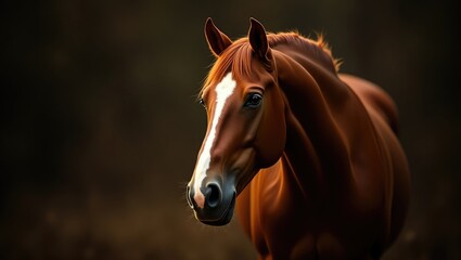 Image of a Bay horse featuring a prominent white mark on its muzzle, set against a dark background in a stable.