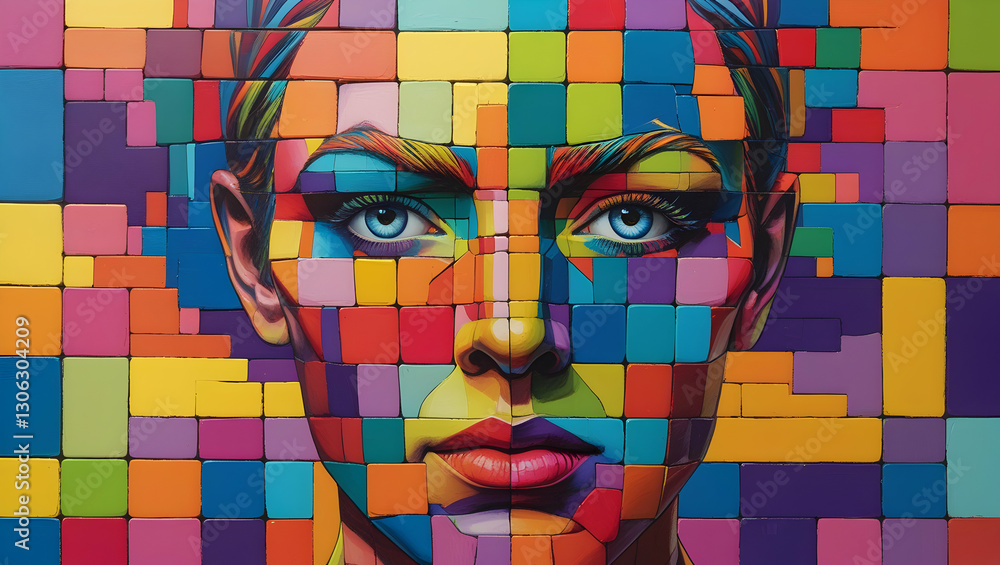 Poster a vibrant, abstract portrait with a face composed of colorful geometric squares, creating a striking