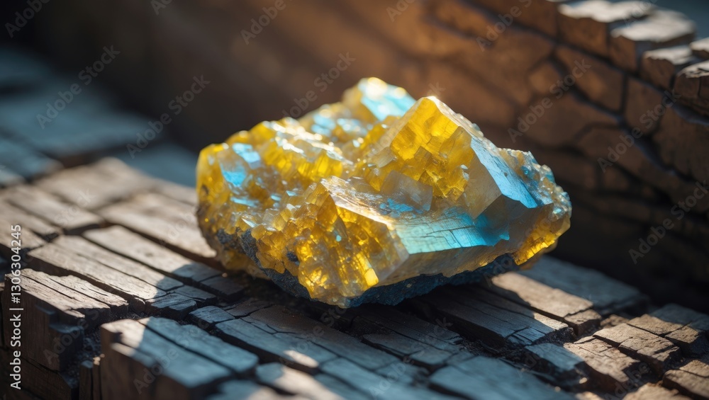 Poster detailed view of chalcopyrite mineral resting on a weathered wooden surface, featuring a close-up of