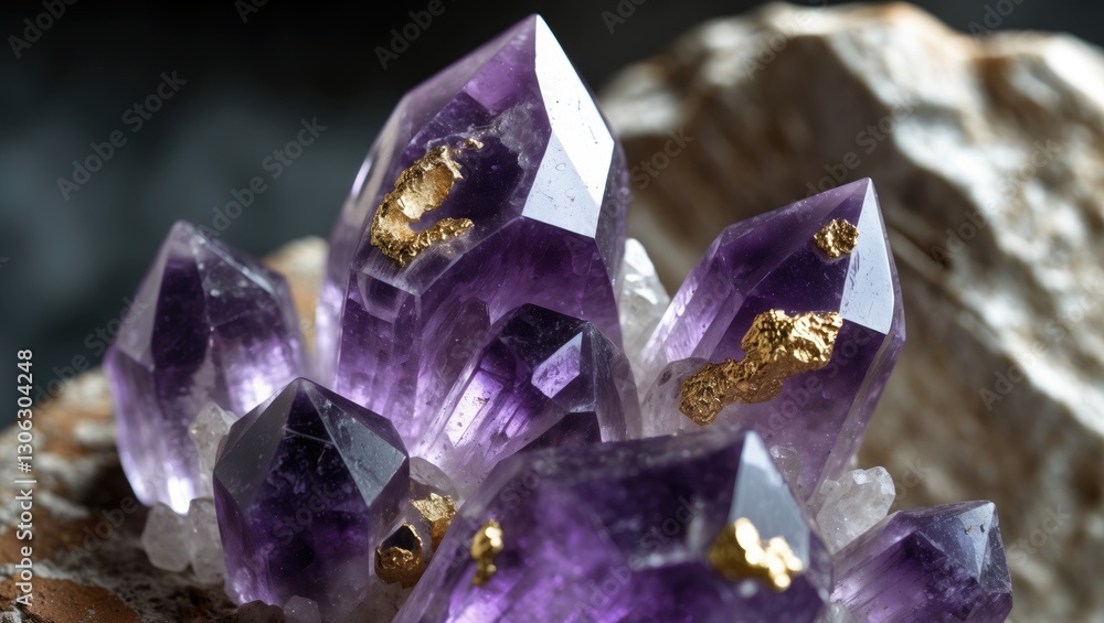 Poster gold inclusions in amethyst quartz crystals. close-up view of unpolished raw amethyst quartz with na