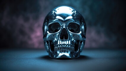 Polished chrome skull with a missing lower jaw - frontal perspective - Image