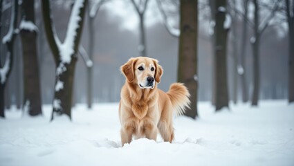 Image of a sandy-colored dog amidst a snowy woodland. A golden retriever features prominently in a snowbank with trees in the background. The winter landscape is blanketed in snow.