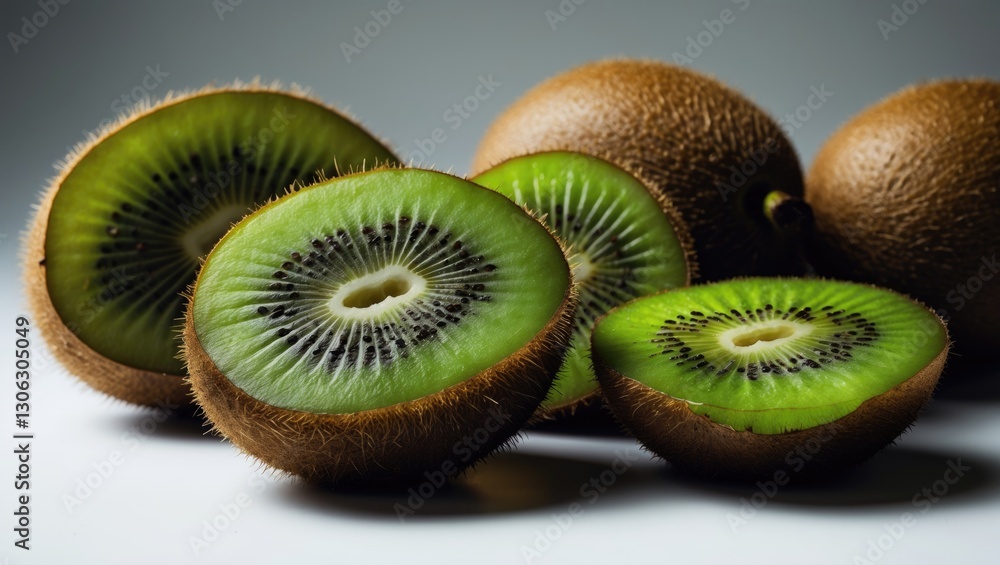 Poster halved and intact kiwis displayed up close, set against a white background.