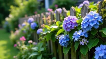 Obraz premium Vibrant hydrangeas blooming along a rustic wooden fence, showcasing a picturesque garden scene with lush greenery and a soft focus background.