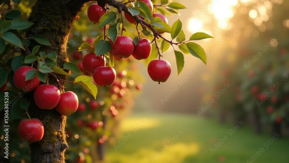 Poster ripe red apples are maturing on a tree in the garden.