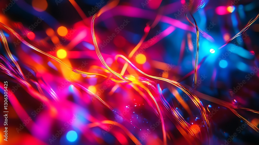 Poster glowing string lights creating colorful abstract pattern with bokeh background