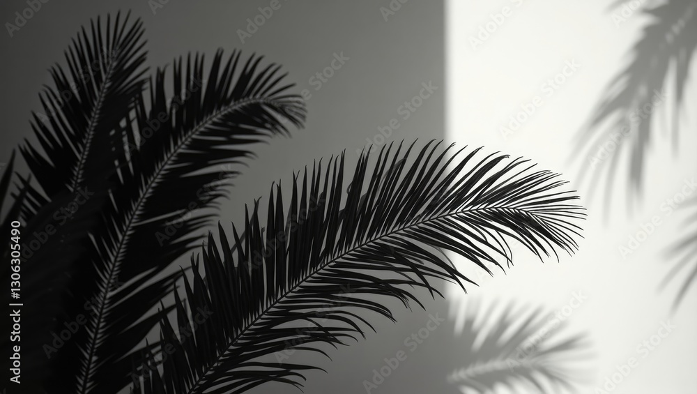 Poster black and white abstract background featuring palm leaves cast in shadows against a light wall.