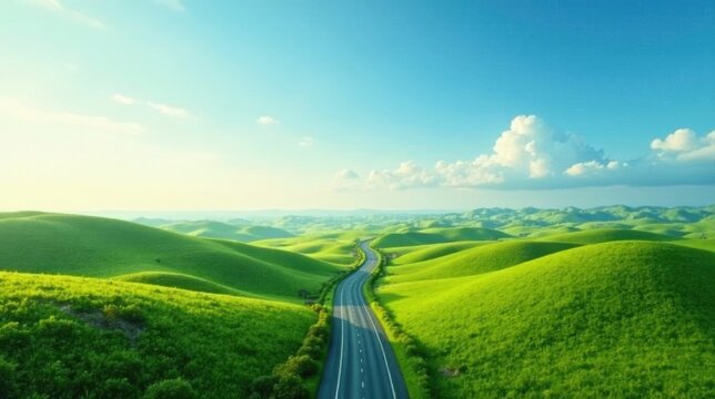 A winding asphalt road cuts through vibrant green rolling hills under a bright sunny sky with fluffy white clouds.