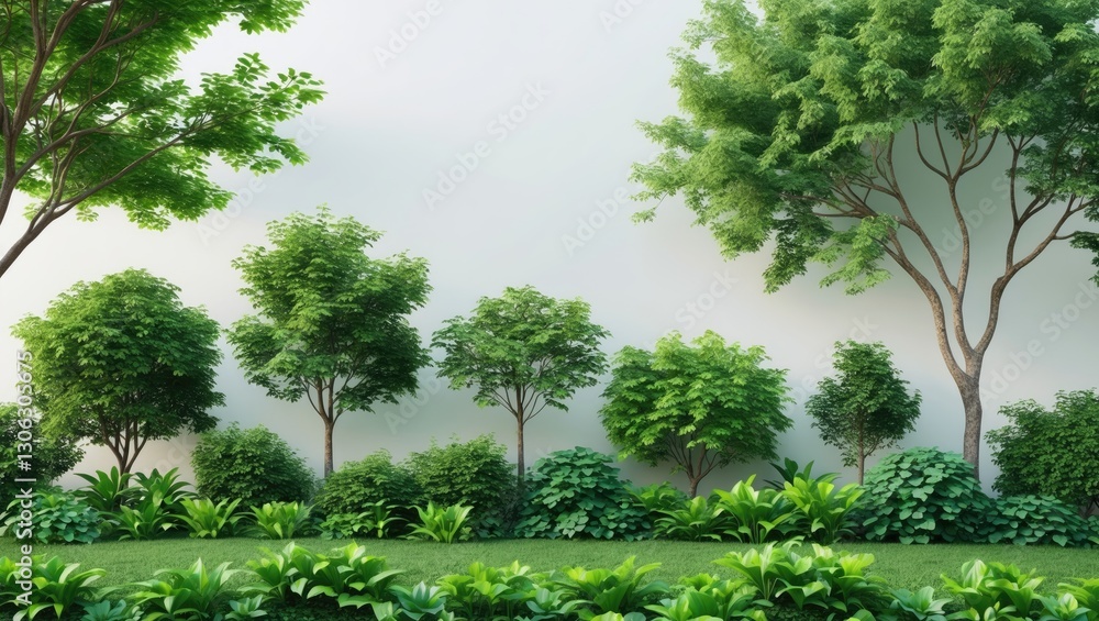 Poster eliminate the tree border. a summertime assortment of vibrant greenery and trees set against a white