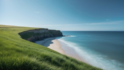 Coastal scene featuring a grassy incline, cliff, and a serene blue sky backdrop
