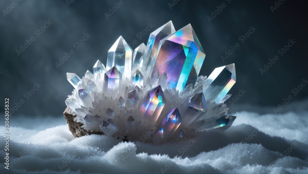 Poster titanium aura quartz crystal cluster with rainbow hues on a light background