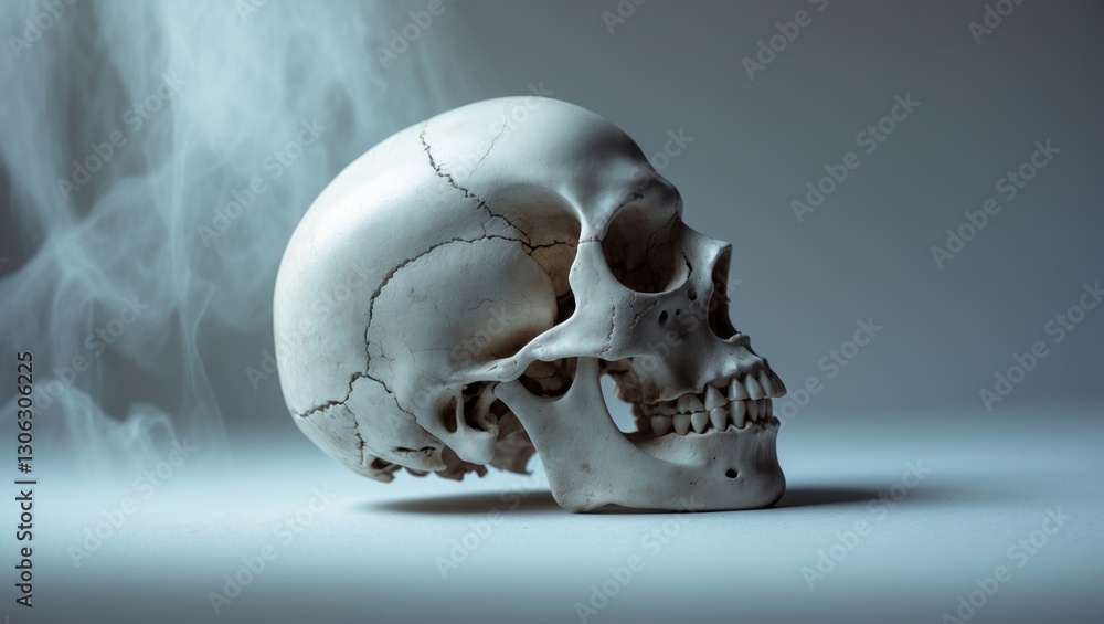 Poster side profile of a human skull with an open mouth displayed against a blank white backdrop.
