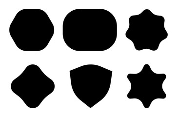 Set of six abstract black geometric shapes isolated on white background. Silhouette icons for logo, badge, emblem, and label design
