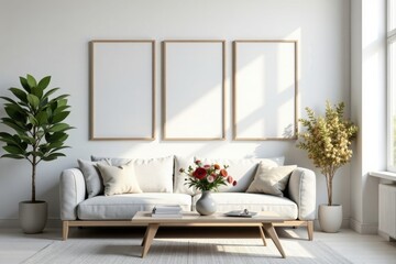 Serene Minimalist Living Room Interior Design with Blank Frames and Natural Light