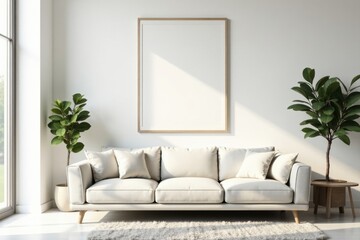 Serene Minimalist Living Room Design with Light Beige Sofa, Blank Frame, and Potted Plants