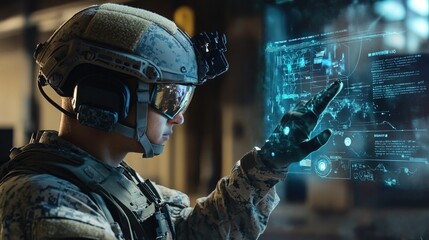 A soldier receiving last-minute mission details through a holographic briefing system