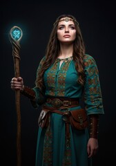 Fototapeta premium Enchanting romanian woman in a mystical costume holding a glowing staff, set against a dark background